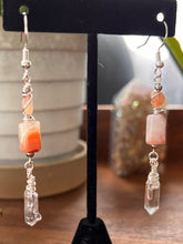 Load image into Gallery viewer, Sunset Botswana Agate and Tibetan Quarts Dangle Earrings